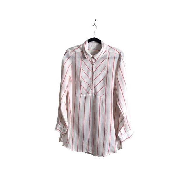 C&C California Large Linen Red White Stripe Popover Tunic Shirt Relaxed Comfort - Picture 1 of 7